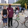 Bonni with Maxwell Street musician Frank "Little Sonny" Scott Jr. and his bike in front of Rev. Johnson's Blues Bus, Chicago Blues Fest 2010